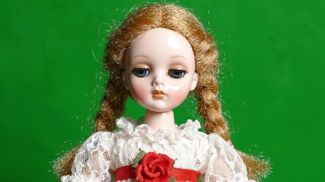 Vintage Creepy Porcelain Doll with Blonde Braids Green Screen Chroma Key. 4K Video