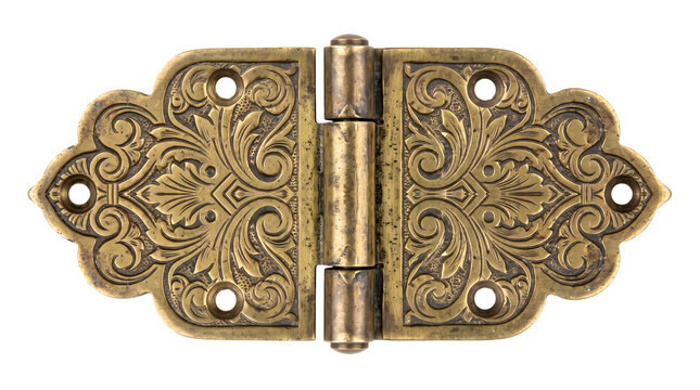 Ornate brass door hinge features intricate floral engravings and antique golden metallic finish for classic home hardware and architectural restorations.