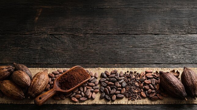 Raw cocoa beans and powder on dark wooden background.
