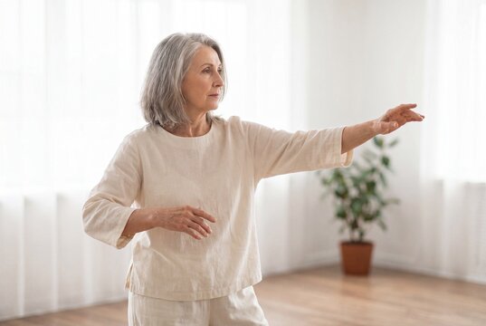 Senior Woman Performing Gentle Yoga and Tai Chi