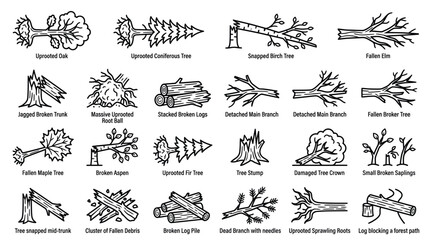 Fototapeta premium Collection of Hand Drawn Illustrations of Damaged Trees and Wood Elements.