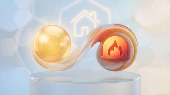 3D illustration of infinity loop connecting glowing energy sphere to fire flame icon on podium heating energy subsidy concept