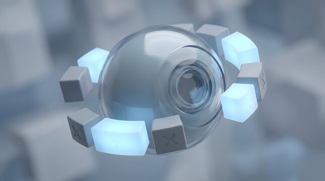 3D illustration of floating futuristic glass eyeball sensor surrounded by glowing cubes ring computer vision surveillance concept