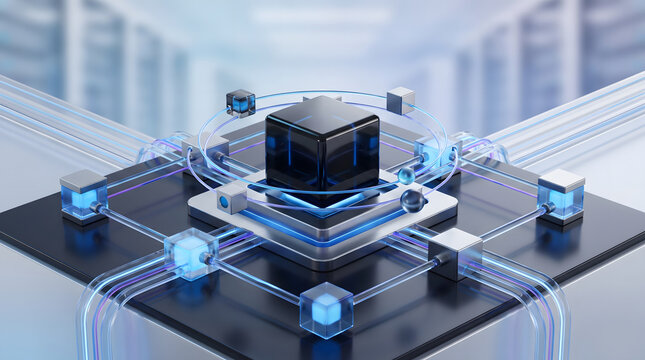 3D illustration of black cube processor connected to node modules with neon cables on server board quantum computing concept