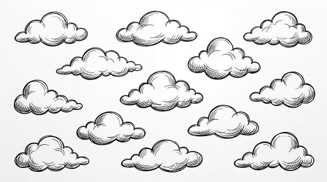 A collection of various hand-drawn cloud sketches in an ink style, featuring detailed hatching and outlines, isolated on a clean white background.