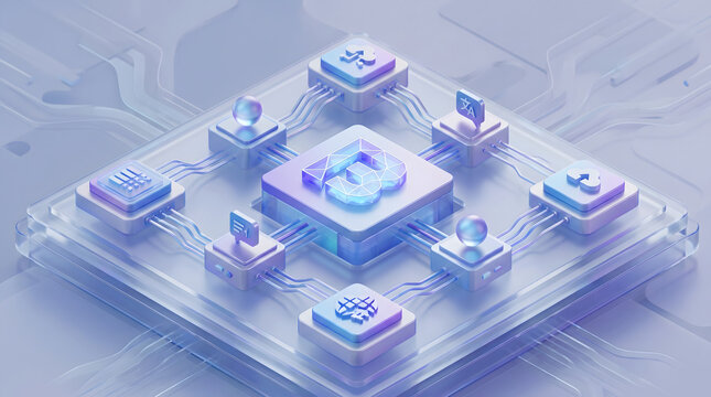 3D illustration of web3 ai processor chip connected to multiple functional modules on glass circuit board system on chip concept