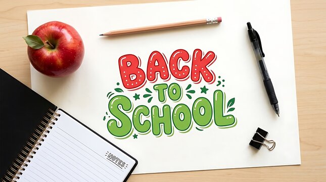 Colorful back to school lettering on paper surrounded by notebook, red apple, and pen top