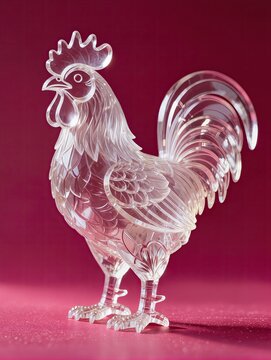 A proud Chinese zodiac rooster sculpture constructed from transparent plastic, raised head, comb, curved beak, layered tail feathers and rounded feet, intricate folds of translucent plastic 
