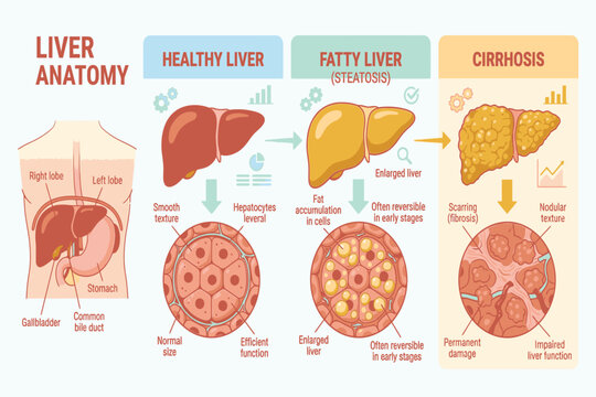 Visual healthcare infographic explaining fatty liver progression and potential complications from steatosis to cirrhosis