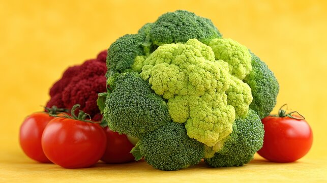 Fresh broccoli Romanesco cauliflower purple cauliflower and red tomatoes