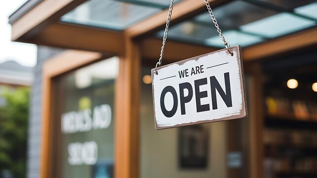 Open sign hanging outside a modern retail store welcoming customers