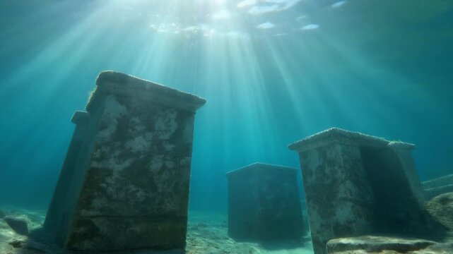 Sunlight illuminating underwater marble caves chili rock formations