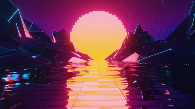Retro-futuristic video scene with low-angle view of neon mountains and pixel sun. Live desktop wallpaper.