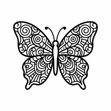 Intricate butterfly mandala line art, decorative insect coloring page, black and white floral swirl butterfly illustration