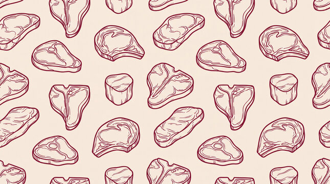 A seamless vector pattern featuring hand-drawn illustrations of various beef steaks, perfect for butcher shop branding, menus, and culinary backgrounds.