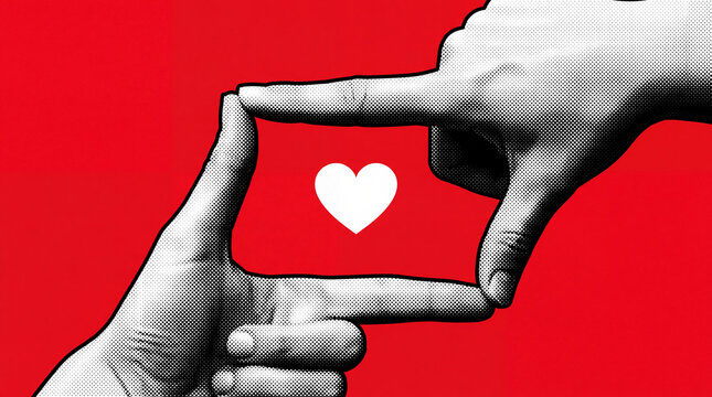 A graphic halftone style illustration of two hands making a frame gesture around a white heart symbol set against a bold red background, representing love.