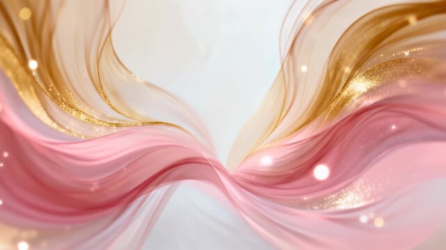 Abstract elegant background with flowing gold and pink silk waves and sparkling golden dust particles on white