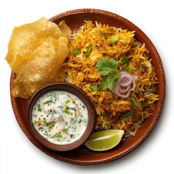 Indian lunch menu with chicken biryani raita and papad  isolated on a white background