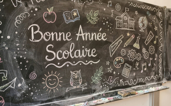 Bonne Annee Scolaire ecrit sur un tableau noir avec des dessins d ecole pour la rentree des classes