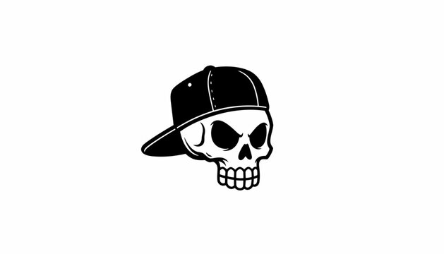 A black and white illustration of a skull wearing a backward baseball cap.