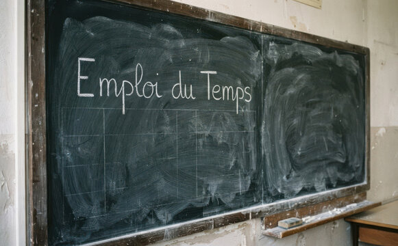 Emploi du Temps, tableau noir d'ecole avec grille de planning et education