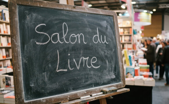 Salon du Livre : ardoise avec ecriture a la craie pour evenement litteraire et foire du livre