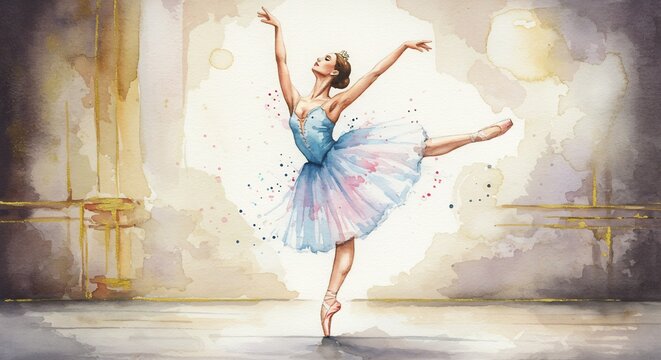 Ethereal Ballet Grace: A ballerina in a light blue tutu performs a graceful arabesque with outstretched arms, her form captured in a delicate watercolor style with hints of pink and yellow.