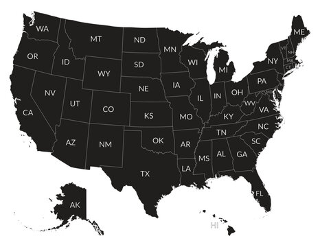 United States Map with state abbreviations and geographic boundaries, representing the fifty states across mainland USA, Alaska and Hawaii