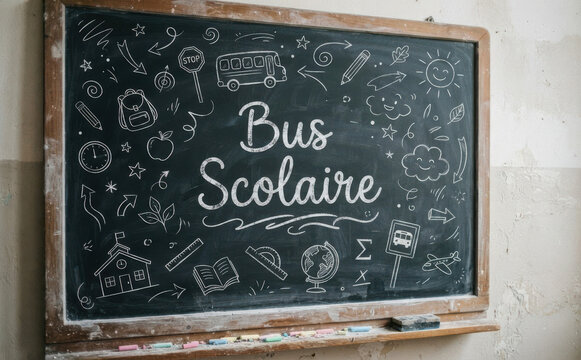 Bus Scolaire - Illustration de rentree des classes sur tableau noir pour education et transport d eleves