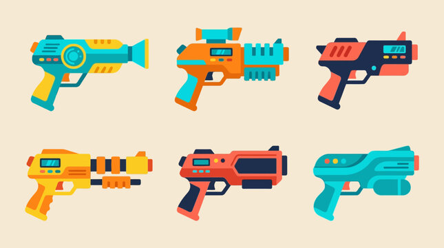 Laser guns set with colorful futuristic toy blasters depicted in a flat vector design style.