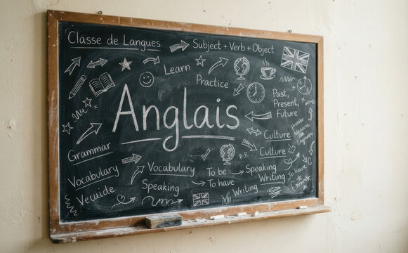 Anglais ecrit sur un tableau noir dans une classe de langues avec du vocabulaire et de la grammaire pour apprendre l'anglais