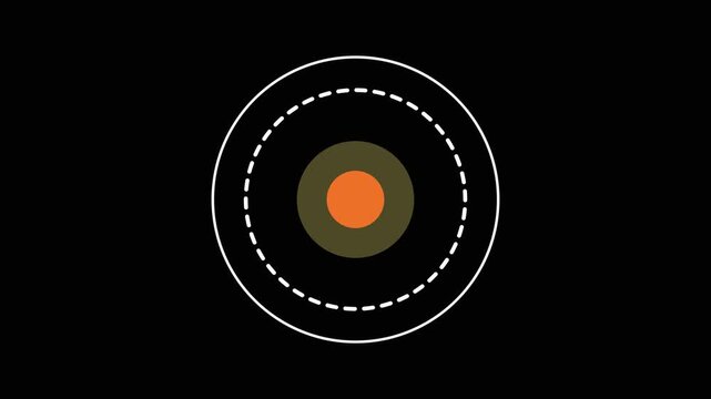 Concentric circles with an orange center and olive green rings surrounded by dashed white outer circles on a black background abstract.