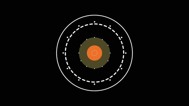Concentric circles with an orange center and olive-green rings surrounded by dashed white outer circles and small dots on a black background abstract.
