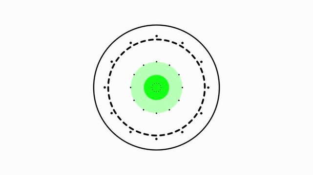 Concentric circles with a bright green center and light green rings surrounded by dashed black outer circles and small dots on a white background abstract.