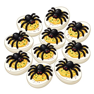 Spooky Halloween deviled eggs topped with black plastic spiders for party food decoration.