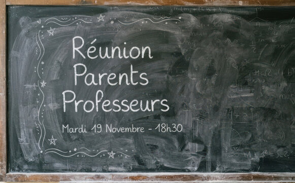 R&eacute;union Parents Professeurs sur tableau noir. Annonce de r&eacute;union scolaire et rendez-vous p&eacute;dagogique entre enseignants et familles