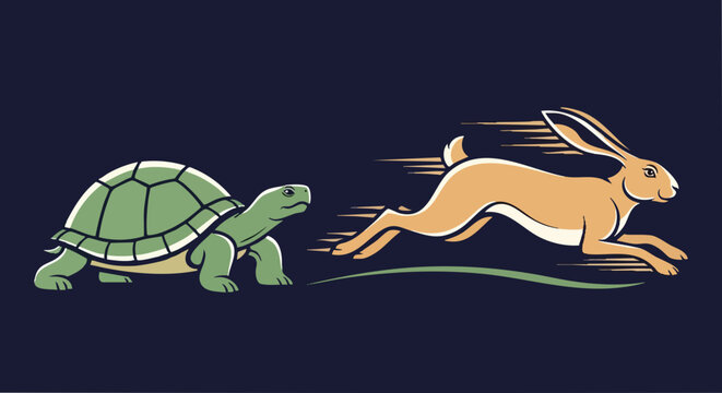 Hare and tortoise race illustration, fable characters, turtle and bunny racing competition, speed vs persistence concept, vector art