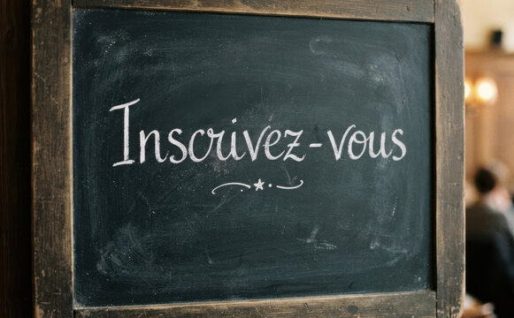 Inscrivez-vous - Tableau noir avec message d'inscription en francais pour communication et formation