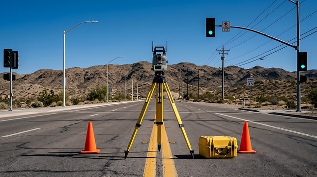 Surveyor using advanced total station equipment on a desert highway construction site