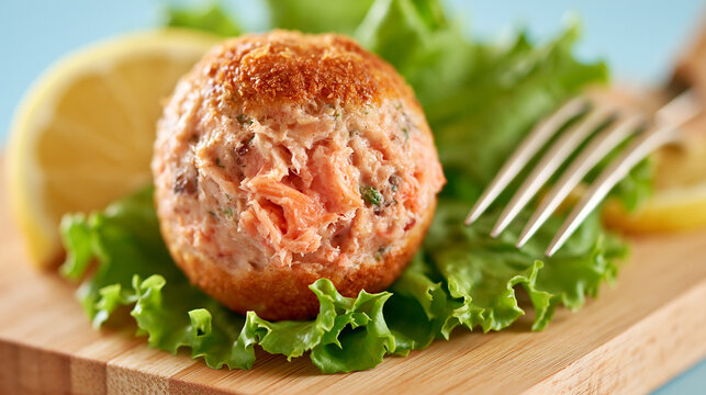 Salmon ball appetizer served on fresh lettuce leaves with lemon slice and fork