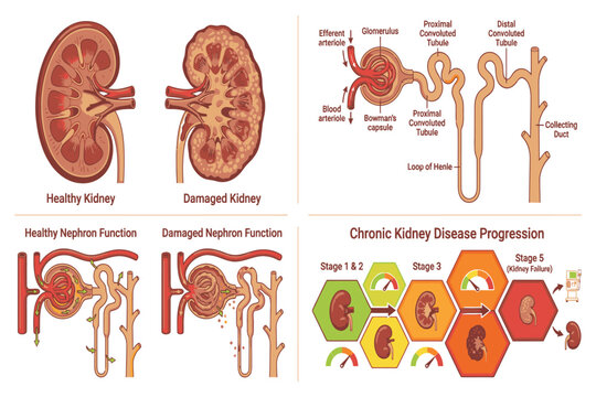 Educational medical infographic presenting major kidney disorders, their effects on renal function, common symptoms, risk factors, and healthcare considerations