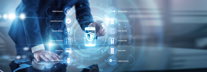 Defender point of Mobile Security digital encryption and device protection concept safeguarding personal smartphone applications effectively. Preventing virtual data breaches in a fast web. © CyberFrame