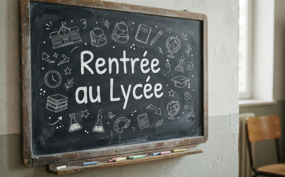 Rentr&eacute;e au Lyc&eacute;e sur tableau noir avec dessins scolaires pour &eacute;ducation et rentr&eacute;e des classes