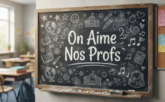 On Aime Nos Profs, message d'amour et de remerciement pour les enseignants, tableau noir d'ecole