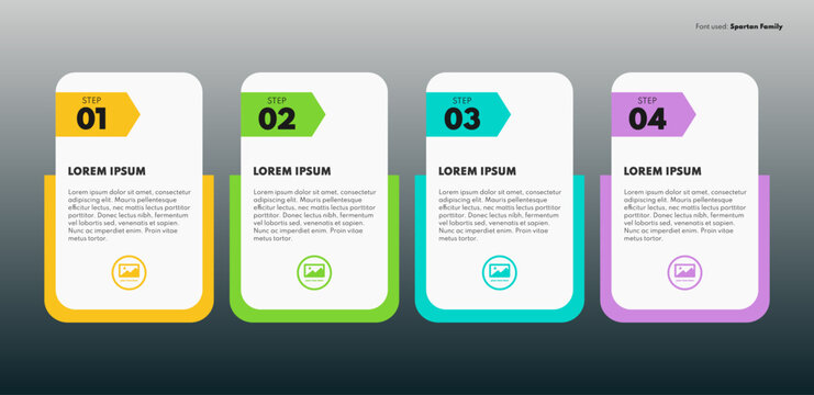 Business infographic vector illustration with four vertical columns, white option cards with arrow tags and colorful base frame over dark background