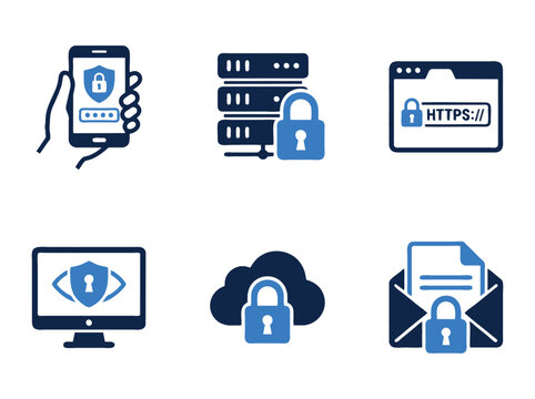 Cybersecurity icon set with 6 vector elements. Data protection and network safety symbols. Blue digital privacy icons for web security.