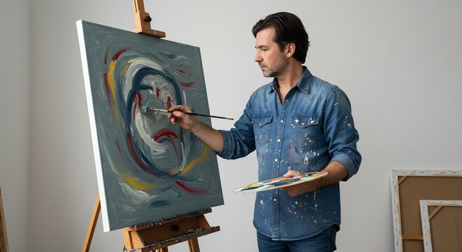 An Artist's Vision: A male artist, focused and inspired, stands before an easel, brush in hand, adding the finishing touches to an abstract masterpiece. His palette holds a spectrum of vibrant colors.