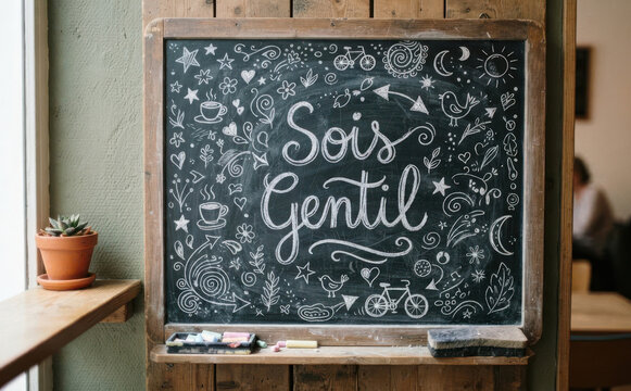 Sois gentil tableau noir avec message positif et dessins a la craie pour decoration murale inspiration