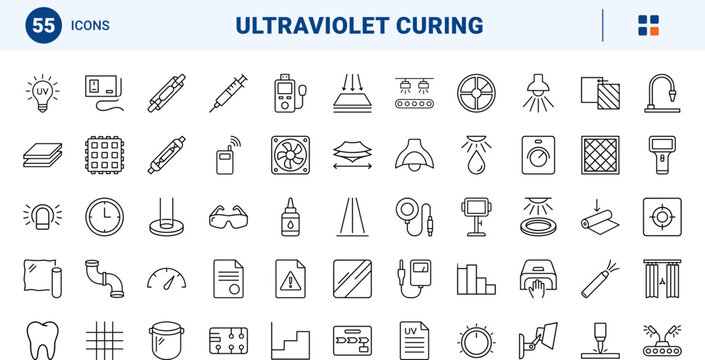 UV Lamp Cure line icon set. Vector pictograms of ultraviolet curing, adhesive polymer, industrial coating, and optical equipment elements, thin linear illustration.