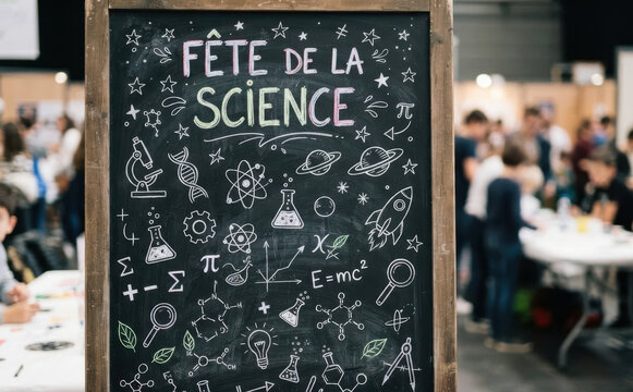 Fete de la science tableau noir avec dessins scientifiques pour education et recherche